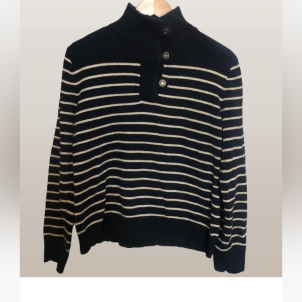 Lauren Ralph Lauren Navy  and Gold Cotton Knit  Turtleneck Sweater Large